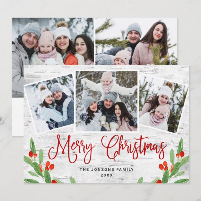 5 PHOTO Christmas Rustic Birch Bark Greeting Holiday Card (Front/Back)