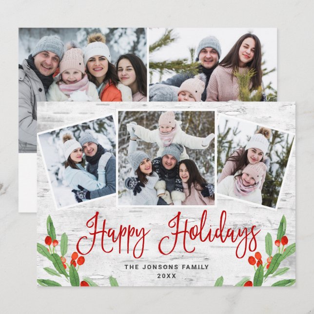 5 PHOTO Christmas Rustic Birch Bark Greeting Holiday Card (Front/Back)