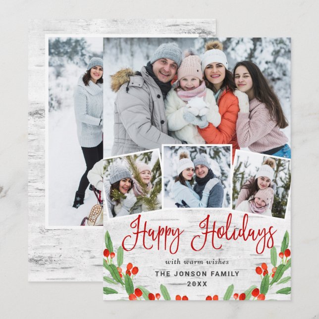 5 PHOTO Christmas Rustic Birch Bark Greeting Holiday Card (Front/Back)