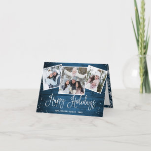 5 PHOTO Christmas Rustic Blue Wood Greeting Holiday Card
