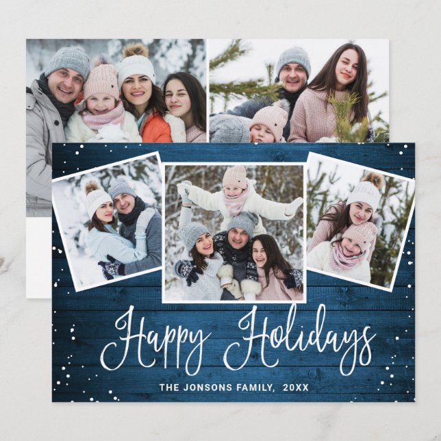 5 PHOTO Christmas Rustic Blue Wood Greeting Holiday Card (Front/Back)
