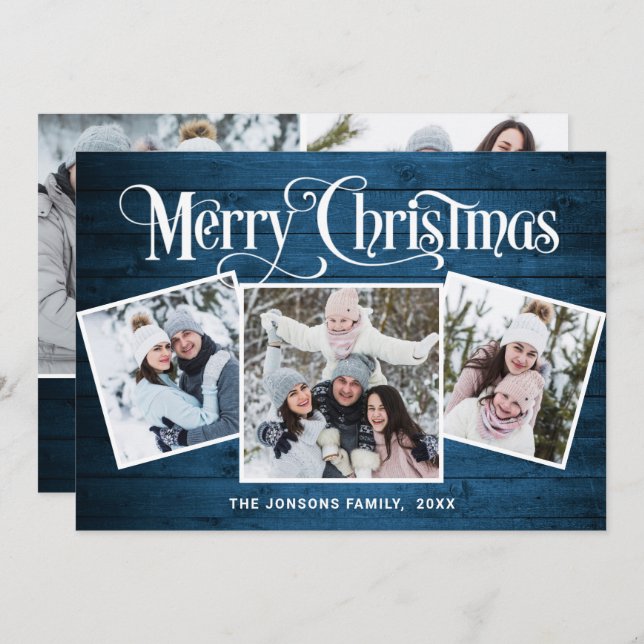 5 PHOTO Christmas Rustic Blue Wood Greeting Holiday Card (Front/Back)