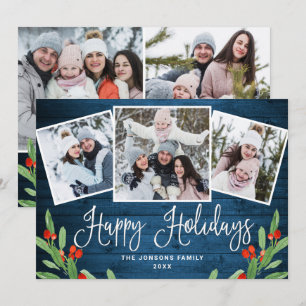 5 PHOTO Christmas Rustic Blue Wood Greeting Holiday Card
