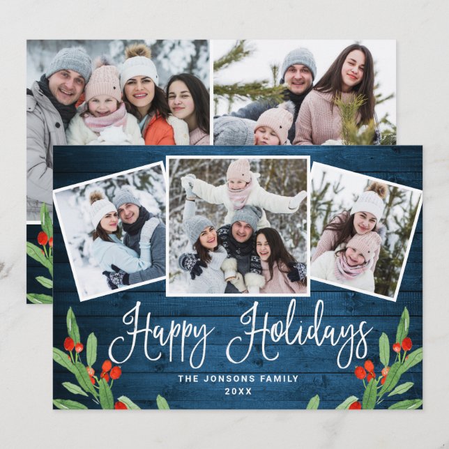 5 PHOTO Christmas Rustic Blue Wood Greeting Holiday Card (Front/Back)