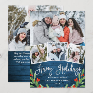5 PHOTO Christmas Rustic Blue Wood Greeting Holiday Card
