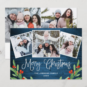 5 PHOTO Christmas Rustic Blue Wood Greeting Holiday Card