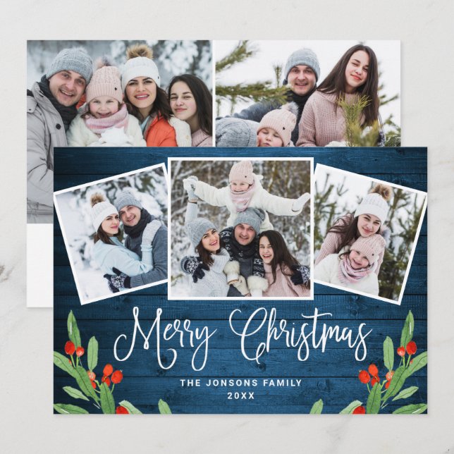 5 PHOTO Christmas Rustic Blue Wood Greeting Holiday Card (Front/Back)