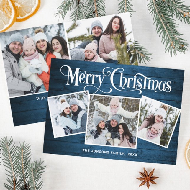 5 PHOTO Christmas Rustic Blue Wood Greeting Holiday Card (Creator Uploaded)