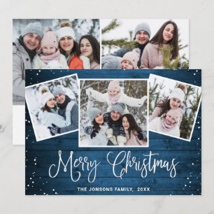 5 PHOTO Christmas Rustic Blue Wood Greeting Holiday Card