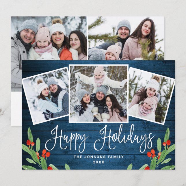 5 PHOTO Christmas Rustic Blue Wood Greeting Holiday Card (Front/Back)