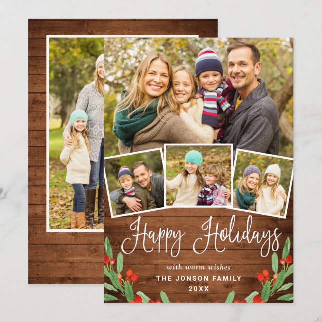 5 PHOTO Christmas Rustic Brown Wood Greeting Holiday Card (Front/Back)