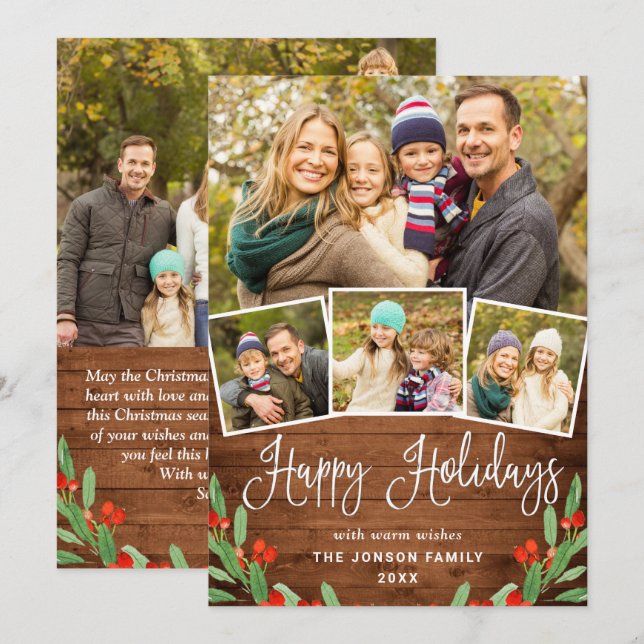5 PHOTO Christmas Rustic Brown Wood Greeting Holiday Card (Front/Back)