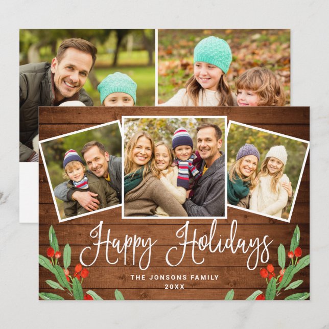 5 PHOTO Christmas Rustic Brown Wood Greeting Holiday Card (Front/Back)