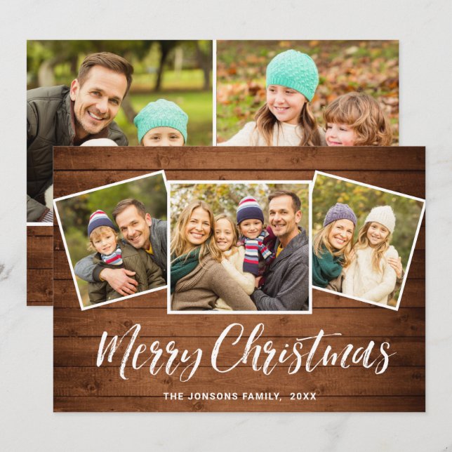 5 PHOTO Christmas Rustic Brown Wood Greeting Holiday Card (Front/Back)