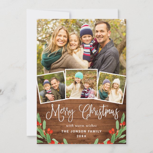5 PHOTO Christmas Rustic Brown Wood Greeting Holiday Card (Front)