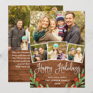 5 PHOTO Christmas Rustic Brown Wood Greeting Holiday Card