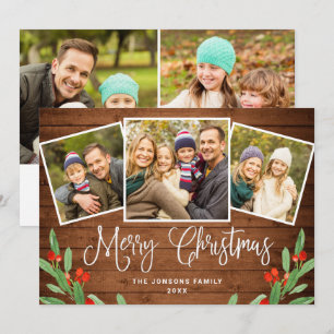 5 PHOTO Christmas Rustic Brown Wood Greeting Holiday Card