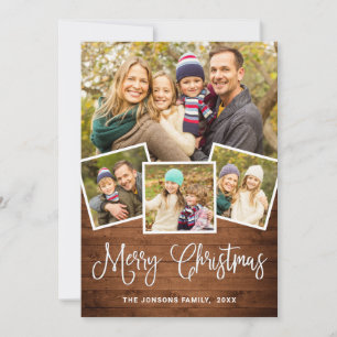 5 PHOTO Christmas Rustic Brown Wood Greeting Holiday Card