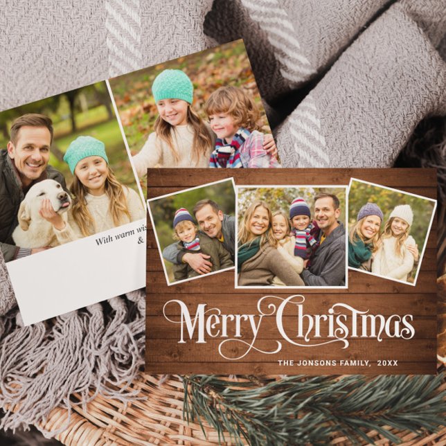 5 PHOTO Christmas Rustic Brown Wood Greeting Holiday Card (Creator Uploaded)
