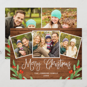 5 PHOTO Christmas Rustic Brown Wood Greeting Holiday Card