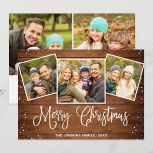 5 PHOTO Christmas Rustic Brown Wood Greeting Holiday Card
