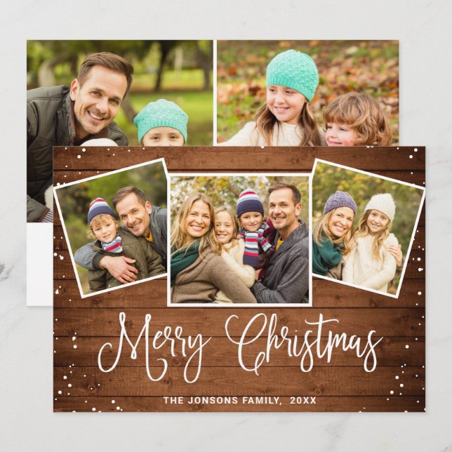 5 PHOTO Christmas Rustic Brown Wood Greeting Holiday Card (Front/Back)