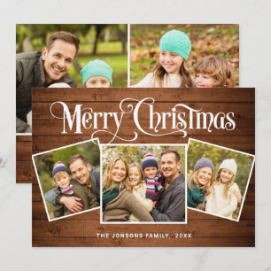 5 PHOTO Christmas Rustic Brown Wood Greeting Holiday Card