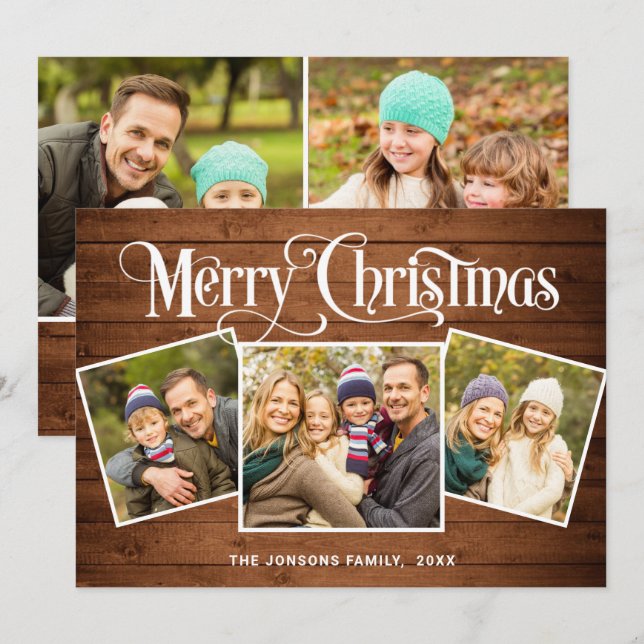 5 PHOTO Christmas Rustic Brown Wood Greeting Holiday Card (Front/Back)