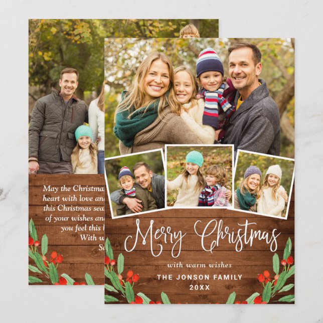 5 PHOTO Christmas Rustic Brown Wood Greeting Holiday Card (Front/Back)