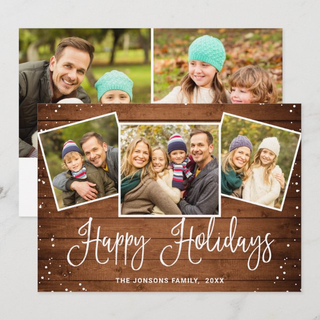 5 PHOTO Christmas Rustic Brown Wood Greeting Holiday Card (Front/Back)