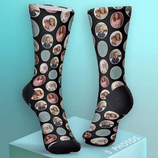 5 Photo Circle Border Collage - Black White Socks (Custom Socks with Photo Collage)