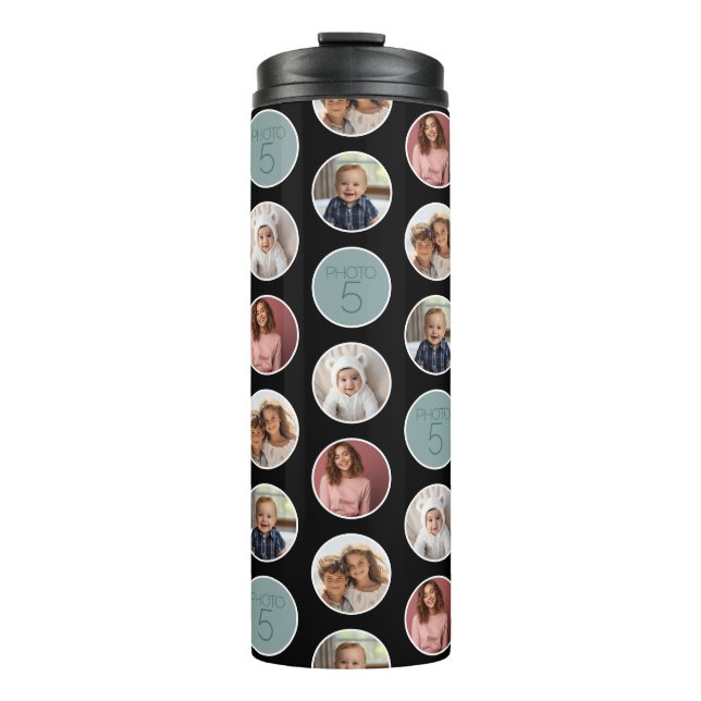 5 Photo Circle Border Collage - Black White Thermal Tumbler (Front)