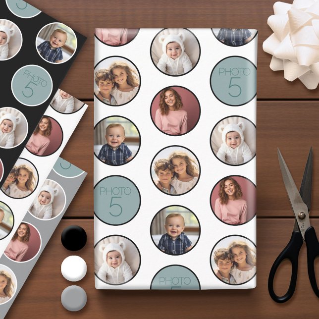 5 Photo Circle Border Collage - Black White Wrapping Paper Sheet (Custom Photo Wrapping Paper - Add a Photo Collage)