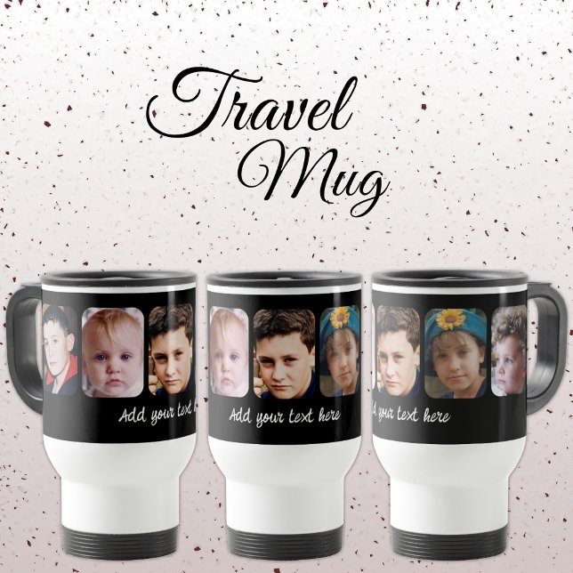 5 photo collage add text black travel mug (Creator Uploaded)