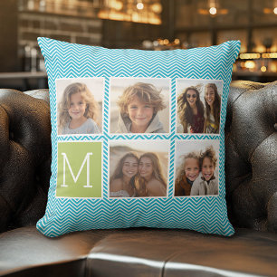5 Photo Collage - Aqua Blue and Lime Monogram Cushion