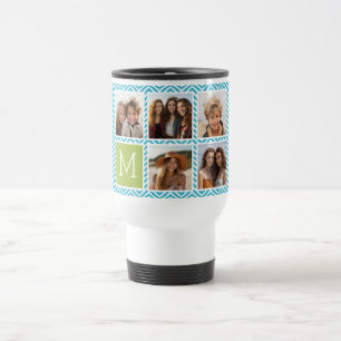 5 Photo Collage - Aqua Blue and Lime Monogram Travel Mug