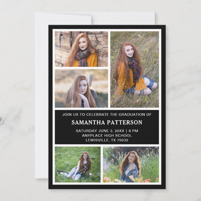  5 Photo Collage Black & White Graduation  Invitation (Front)