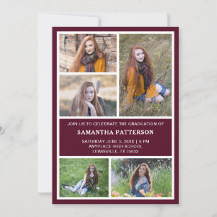  5 Photo Collage Burgundy Red & White Graduation Invitation