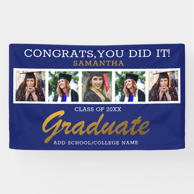 5 Photo Collage Congrats Grad 2023 Graduation Blue Banner (Horizontal)
