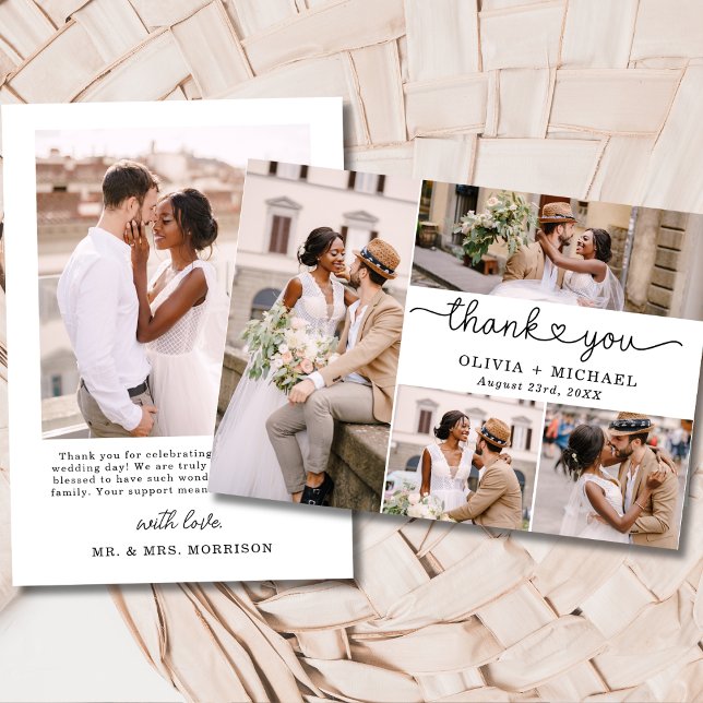 5 Photo Collage Elegant Script Wedding Thank You Card (Creator Uploaded)