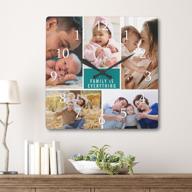 5 Photo Collage Family Is Everything Quote Teal Square Wall Clock (Creator Uploaded)