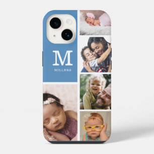 5 Photo Collage Family Monogram Name Slate Blue iPhone 14 Case