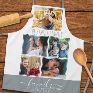 5 Photo Collage Family Name Quote Grey And White Apron