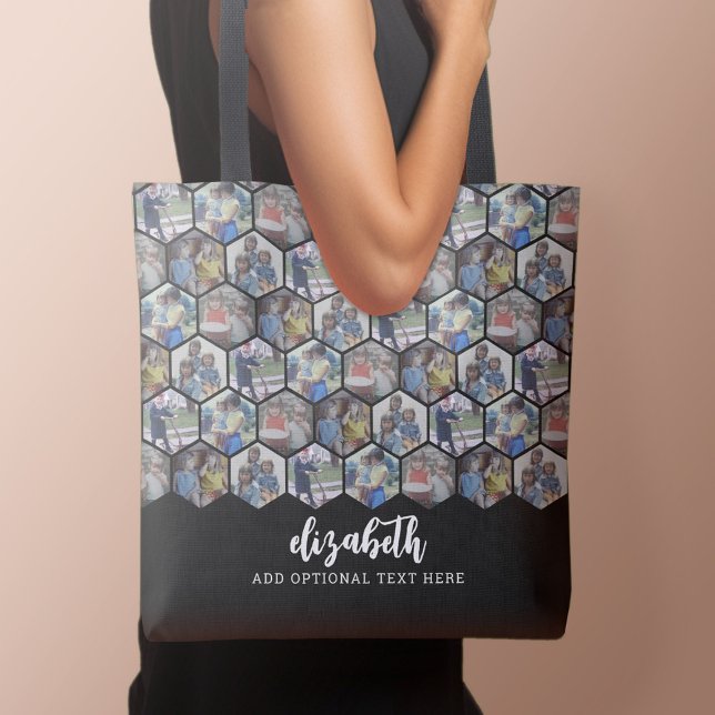 5 Photo Collage - funky hexagon pattern - black Tote Bag (Personalized tote bag with photo and text)