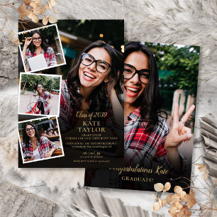 5 Photo Collage Gold Graduation Party  Invitation