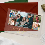 5 photo collage gold Merry Christmas script card Acrylic Invitations<br><div class="desc">Elegant stylish Merry Christmas faux gold classic calligraphy script five family photos clear transparent acrylic holiday card with your custom personalised text on both sides.           PLEASE NOTE that the background colour is editable. You can change it after selecting CUSTOMIZE option down below the PERSONALIZE IT menu.</div>