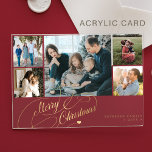 5 photo collage gold Merry Christmas script card Acrylic Invitations<br><div class="desc">Elegant stylish Merry Christmas faux gold classic calligraphy script five family photos clear transparent acrylic holiday card with your custom personalised text on both sides.           PLEASE NOTE that the background colour is editable. You can change it after selecting CUSTOMIZE option down below the PERSONALIZE IT menu.</div>