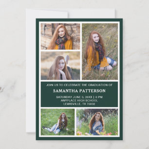  5 Photo Collage Green & White Graduation   Invitation