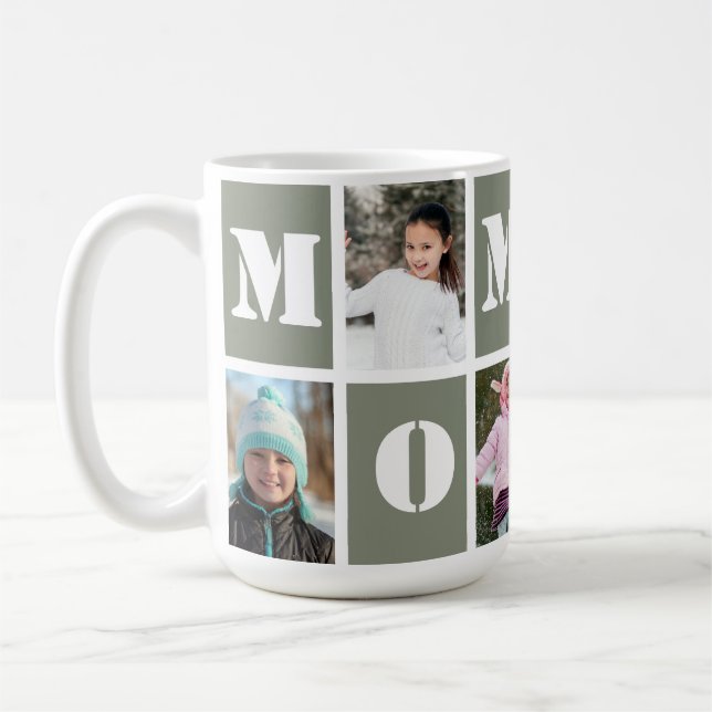 5 Photo Collage Heart Sage Green Mother's Day Coffee Mug (Left)