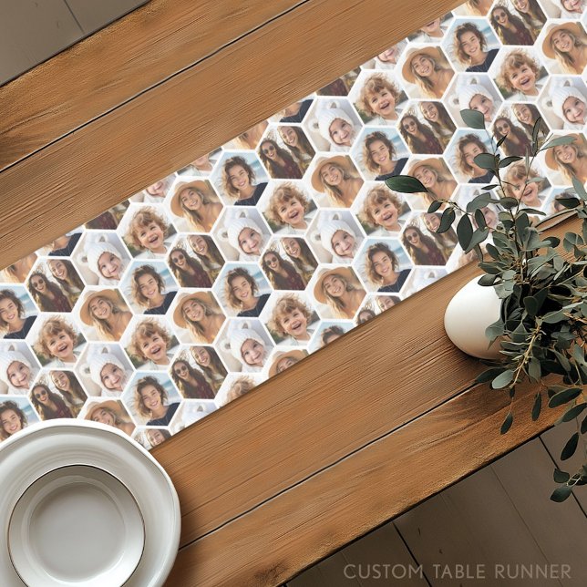 5 Photo Collage Honeycomb Hexagon Pattern - white Short Table Runner (Custom Photo Table Runner - Instant Photo Collage)